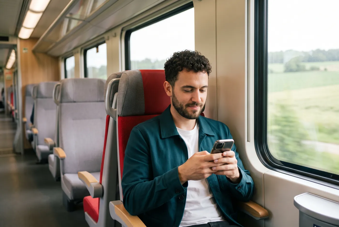 Eine Person prüft im Regionalzug ihre Bewerbung auf dem Smartphone