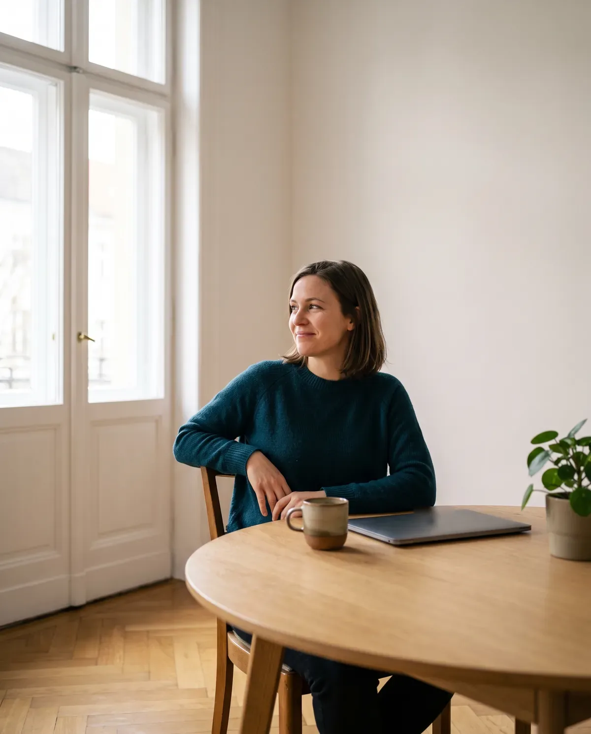 Eine Frau sitzt entspannt am Laptop in einer hellen Wohnung